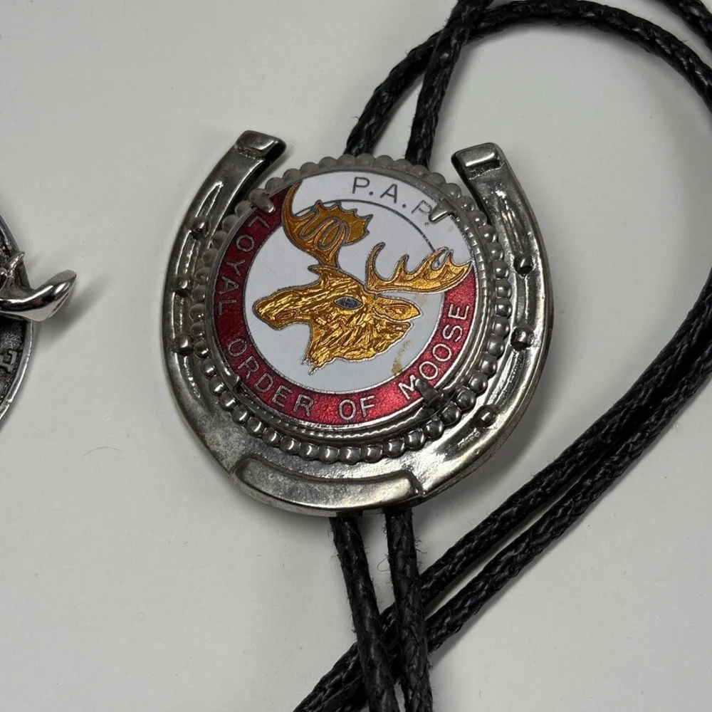 (2) PAP Loyal Order of the Moose BOLO Ties Silver Accents Leather Cord 16